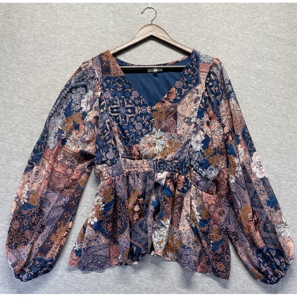 Maurices Patchwork Babydoll Blouse Top Womens L Multicolor Floral Smocked Waist